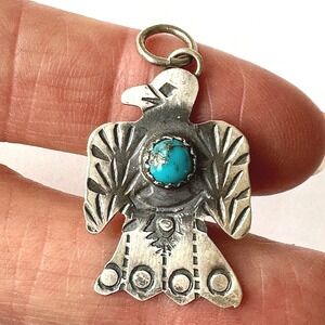 Navajo Thunderbird Pendant Turquoise 1.25in Signed Yazzie Stamped Matte Sterling